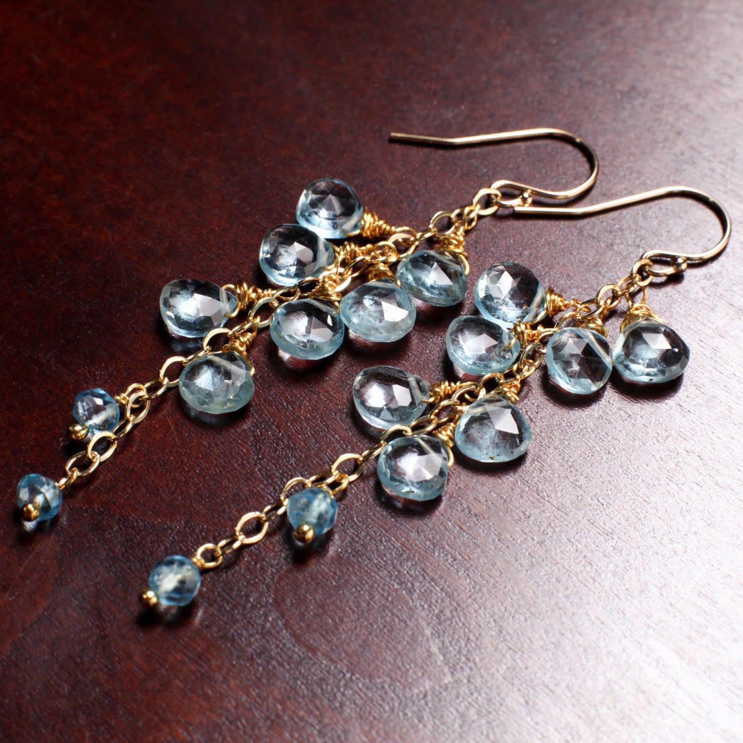 Genuine Swiss Blue Topaz 6-7mm Faceted heart drop Cascade Earrings,14K Gold Filled Wire Wrapped Teardrop Earrings, December Birthstone,Gift