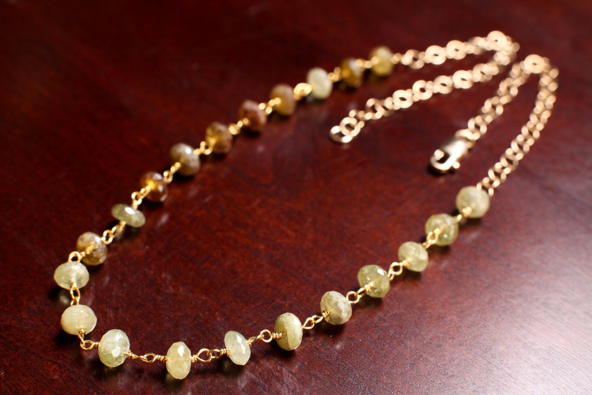 Natural Grossular Garnet, green garnet 6mm large Faceted Diamond Cut Roundel handmade wire wrapped in 14K Gold Filled Necklace.