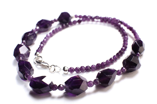 Natural Amethyst Purple Faceted Freeform tumble raw hexagon Gemstones , 4mm faceted Amethyst with Rhodium Lobster Clasps Necklace 20.5&quot;,