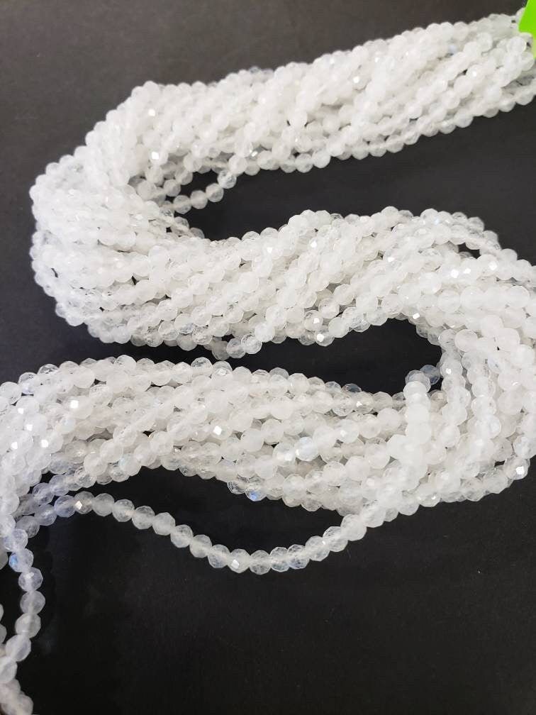 Natural Moonstone white 3mm Faceted Round AAA Gemstone, July Birthstone, Jewelry Making Beads, Natural Gemstone 12.5&quot; Strand