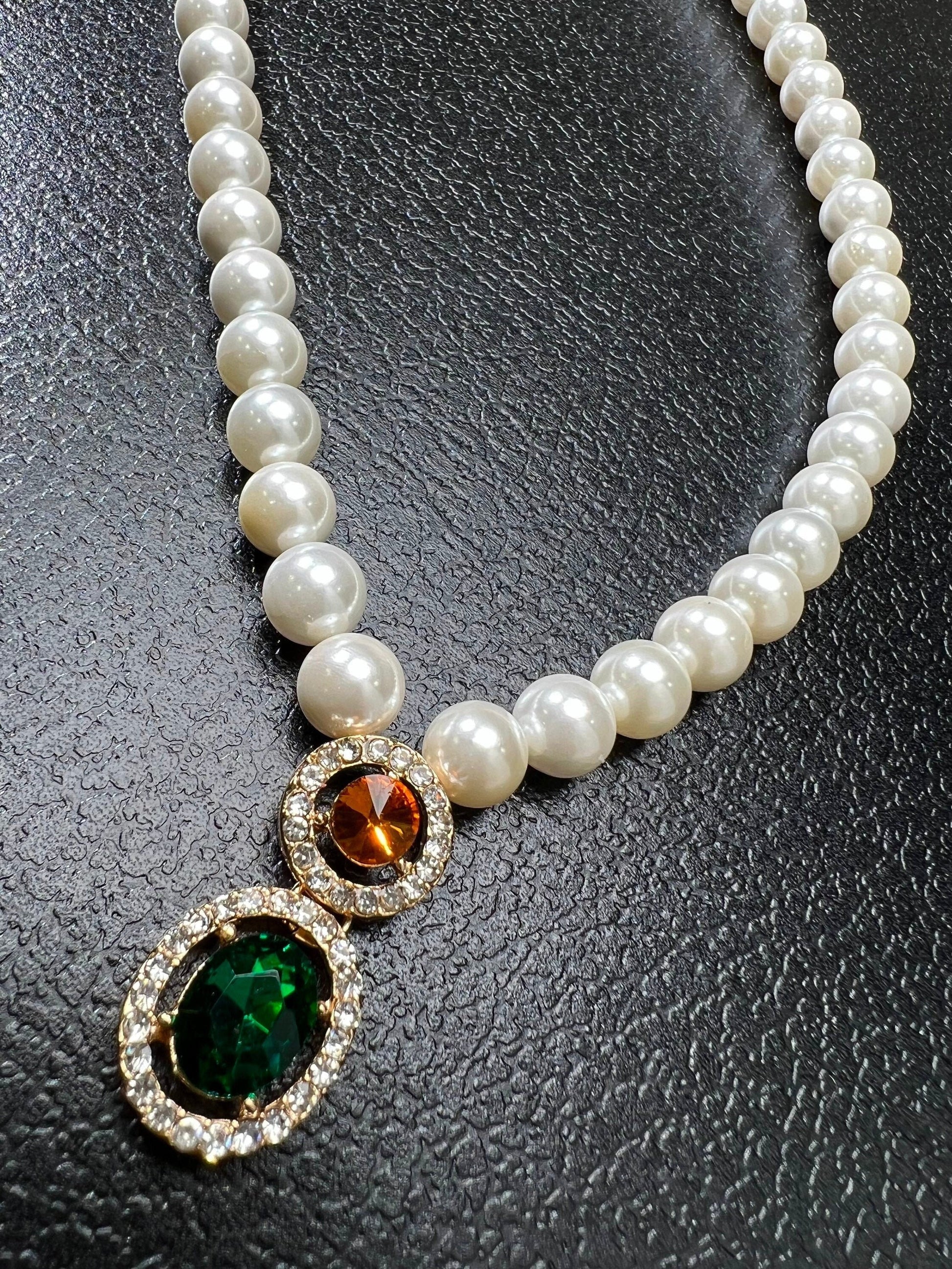 Pearl Necklace South Sea shell Pearl 8mm Round Beads, Yellow Topaz, Emerald CZ Pendant Statement 16” Necklace Strong Magnetic Clasp Bridal