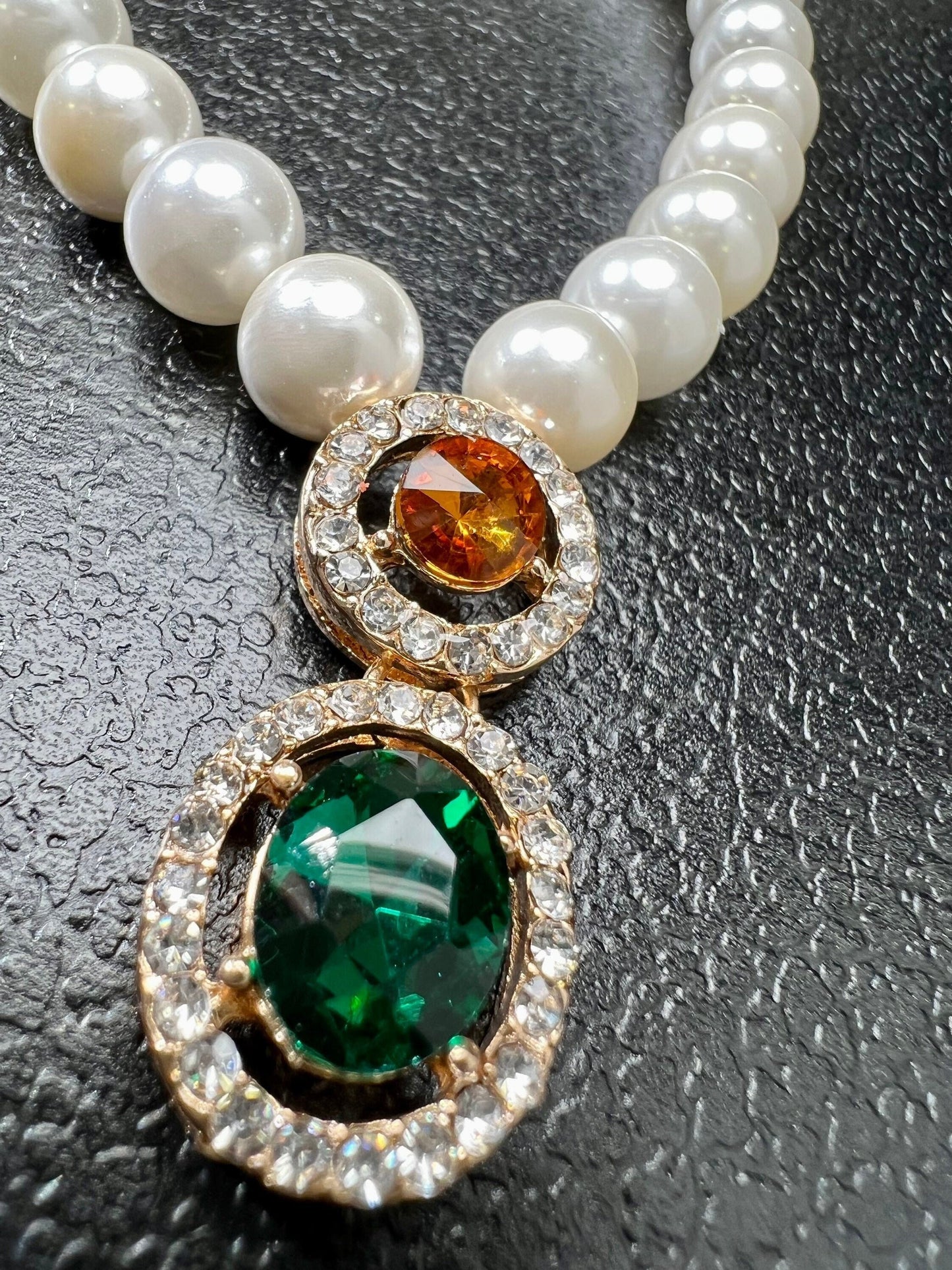 Pearl Necklace South Sea shell Pearl 8mm Round Beads, Yellow Topaz, Emerald CZ Pendant Statement 16” Necklace Strong Magnetic Clasp Bridal