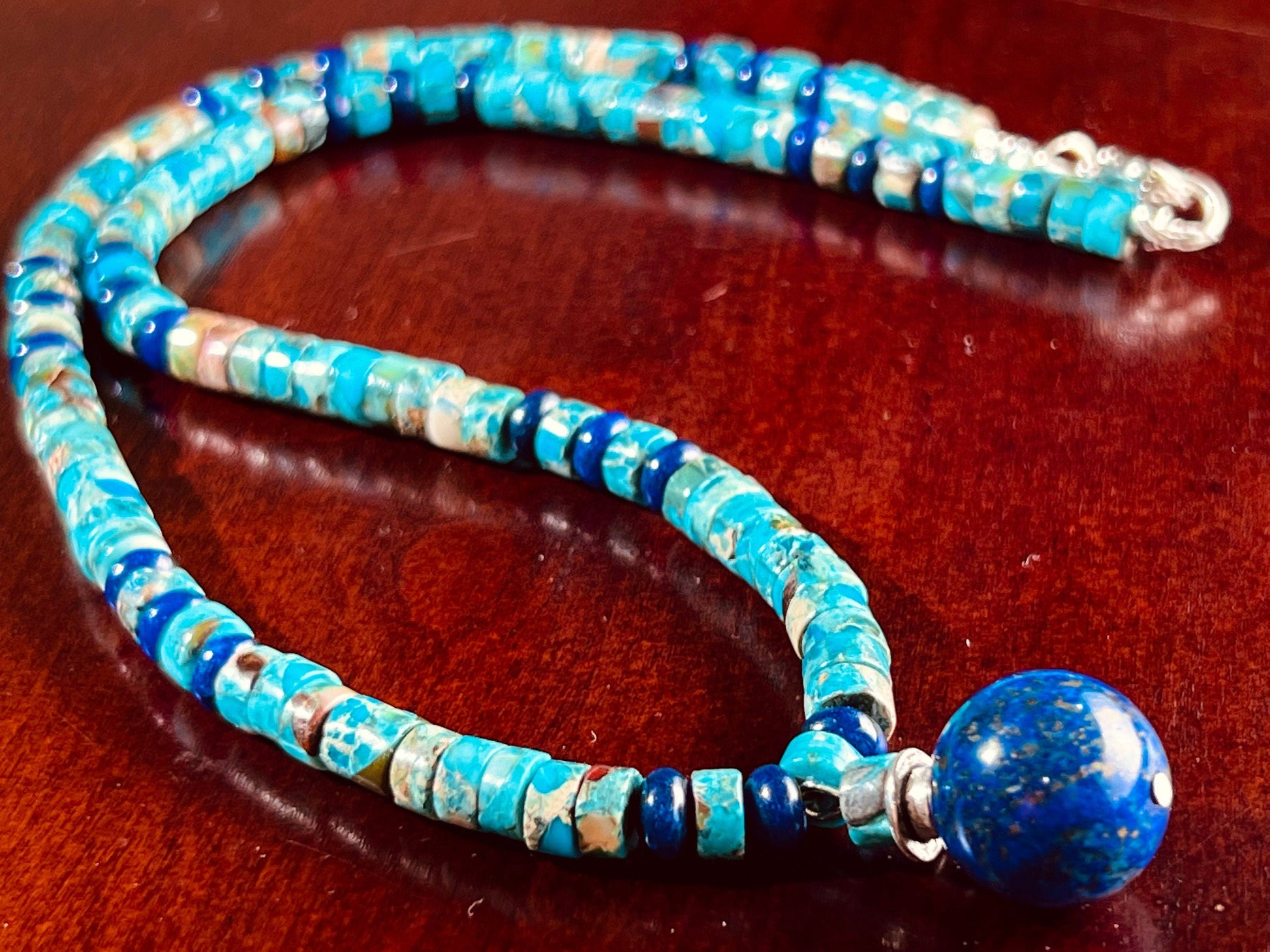 Lapis Lazuli and Turquoise Heishe Necklace, Lapis Roundel Spacer, Lapis Round 16mm Ball Centerpiece Pendant , beautiful gift 16"-30"