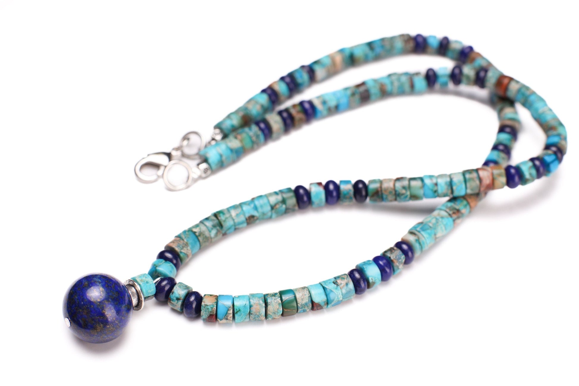 Lapis Lazuli and Turquoise Heishe Necklace, Lapis Roundel Spacer, Lapis Round 16mm Ball Centerpiece Pendant , beautiful gift 16"-30"