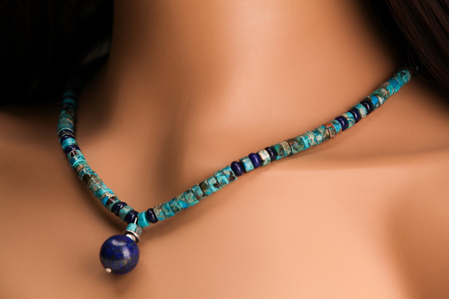 Lapis Lazuli and Turquoise Heishe Necklace, Lapis Roundel Spacer, Lapis Round 16mm Ball Centerpiece Pendant , beautiful gift 16"-30"
