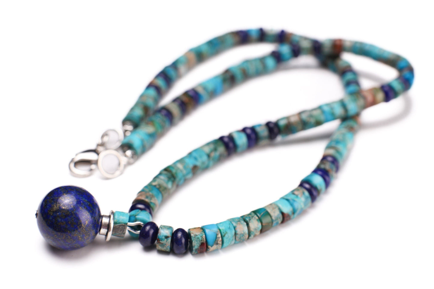 Lapis Lazuli and Turquoise Heishe Necklace, Lapis Roundel Spacer, Lapis Round 16mm Ball Centerpiece Pendant , beautiful gift 16"-30"