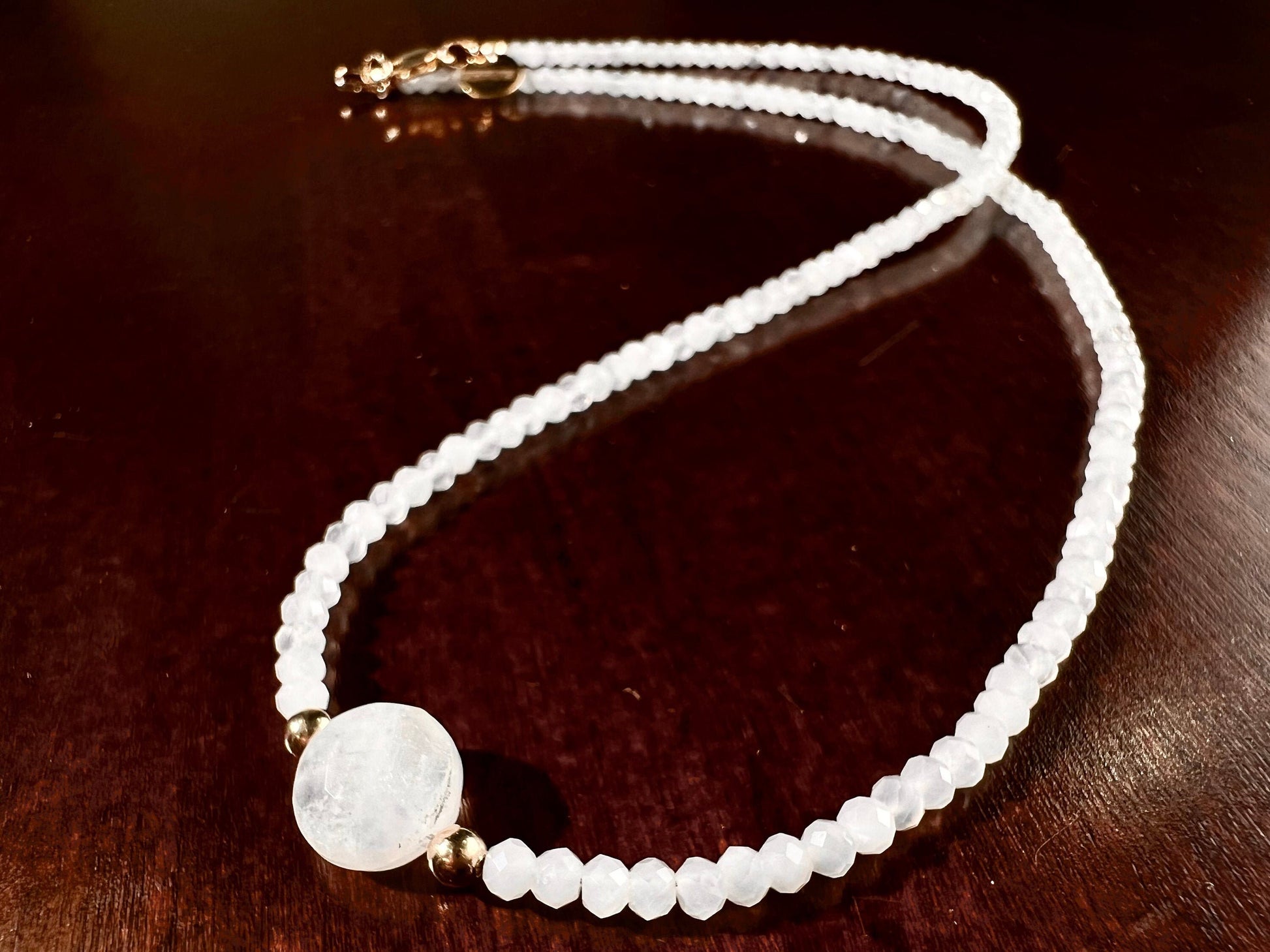 Moonstone Faceted 3- 3.5mm Rondelle with 10mm moonstone dime Front Choker layering Necklace in 14k Gold Filled ,Birthday, yoga ,healing