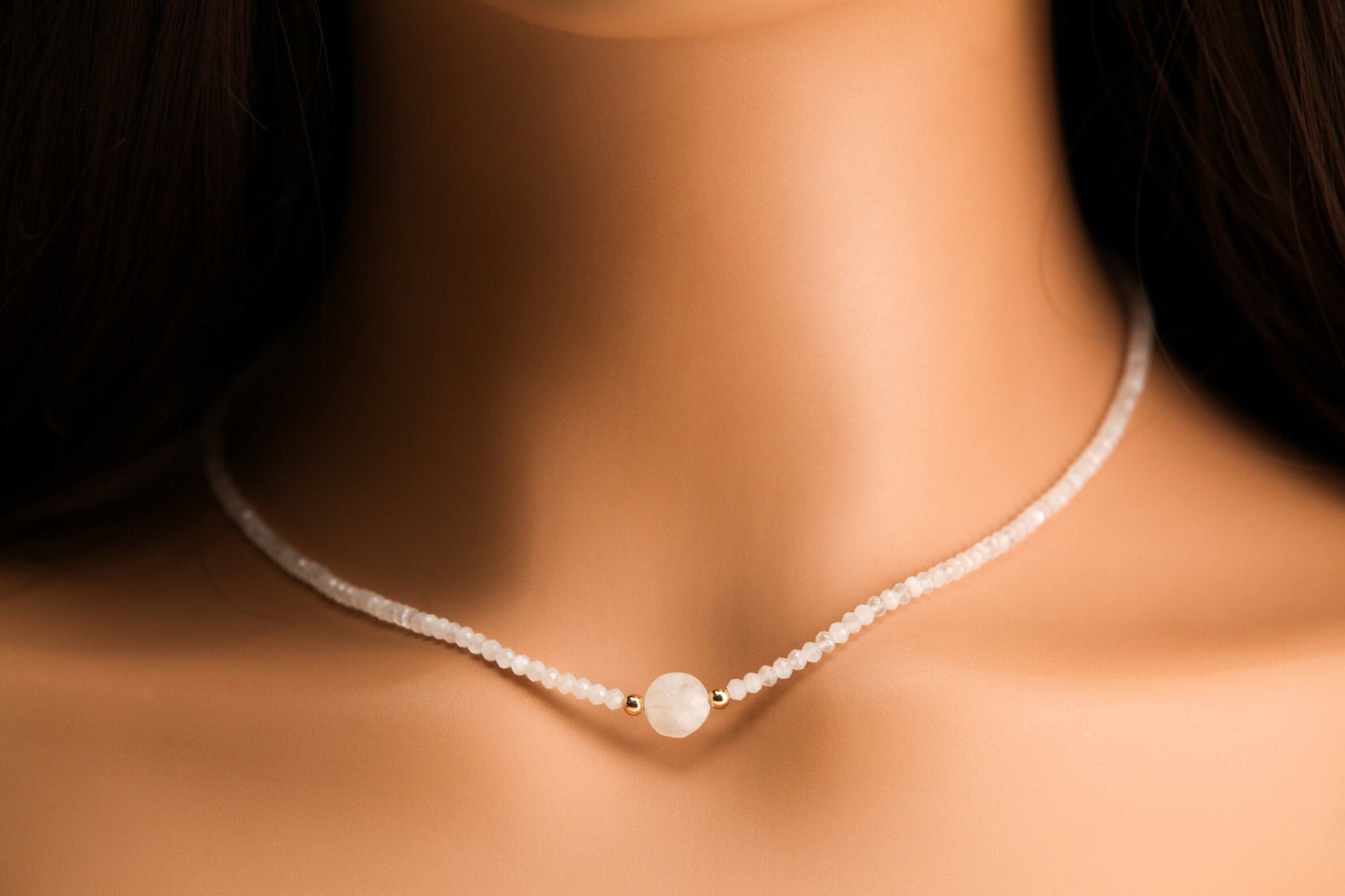 Moonstone Faceted 3- 3.5mm Rondelle with 10mm moonstone dime Front Choker layering Necklace in 14k Gold Filled ,Birthday, yoga ,healing