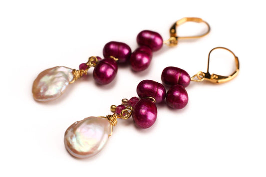 Freshwater Pearl Cascade Dangling Wire Wrap Handmade Gold Earrings, Peach Pink 12mm Coin Pearl ,Raspberry Red Pearl, Red Spinel Spacer