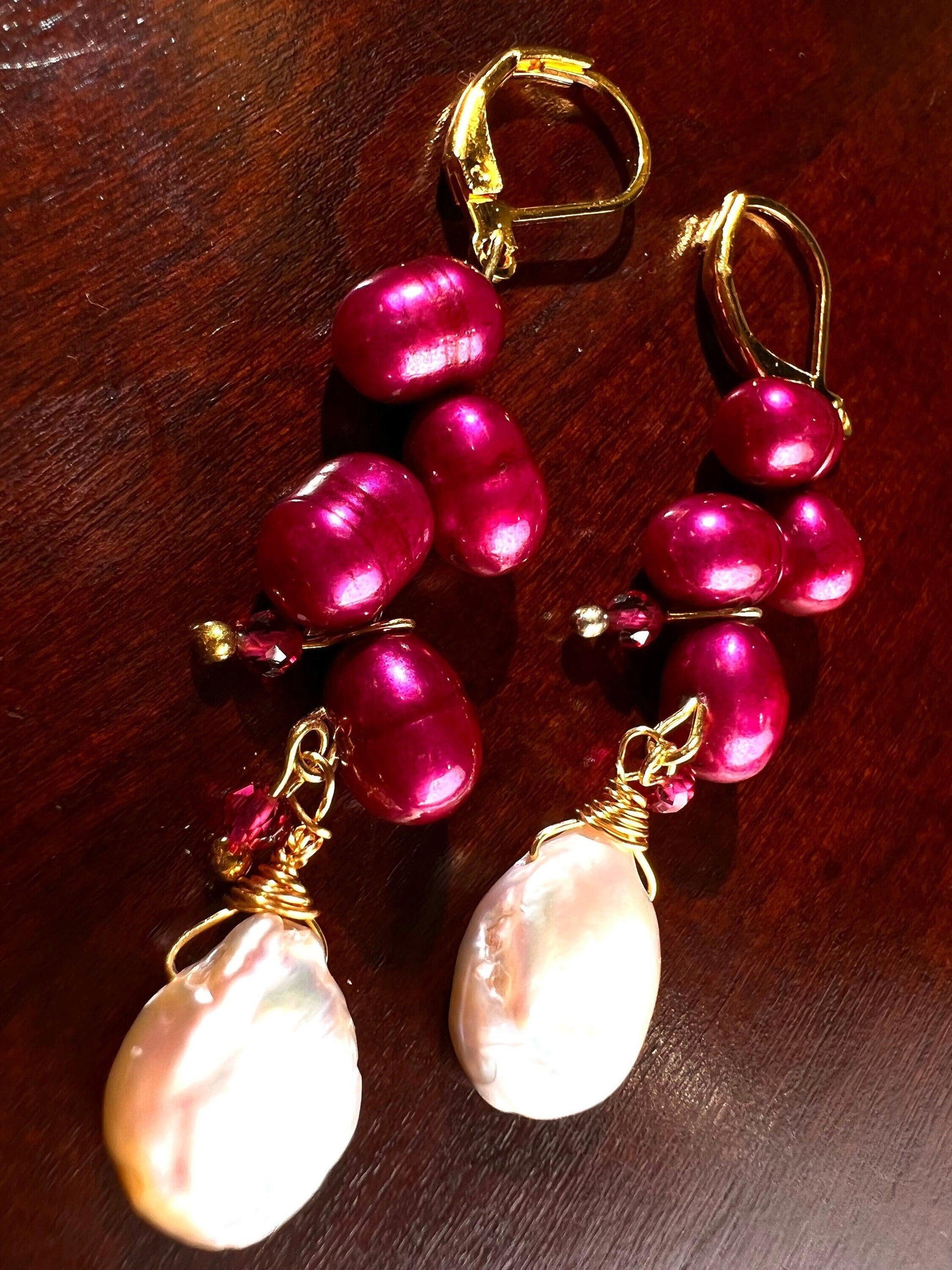 Freshwater Pearl Cascade Dangling Wire Wrap Handmade Gold Earrings, Peach Pink 12mm Coin Pearl ,Raspberry Red Pearl, Red Spinel Spacer