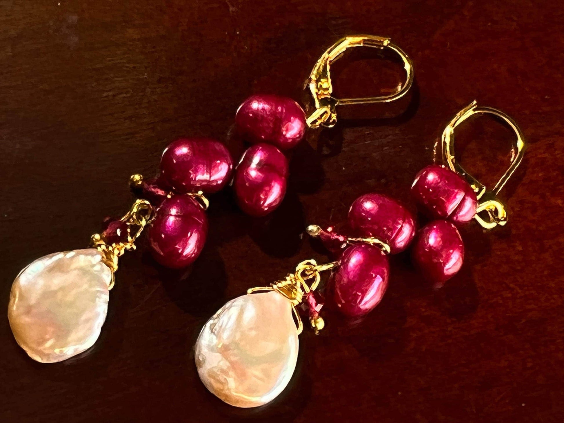 Freshwater Pearl Cascade Dangling Wire Wrap Handmade Gold Earrings, Peach Pink 12mm Coin Pearl ,Raspberry Red Pearl, Red Spinel Spacer