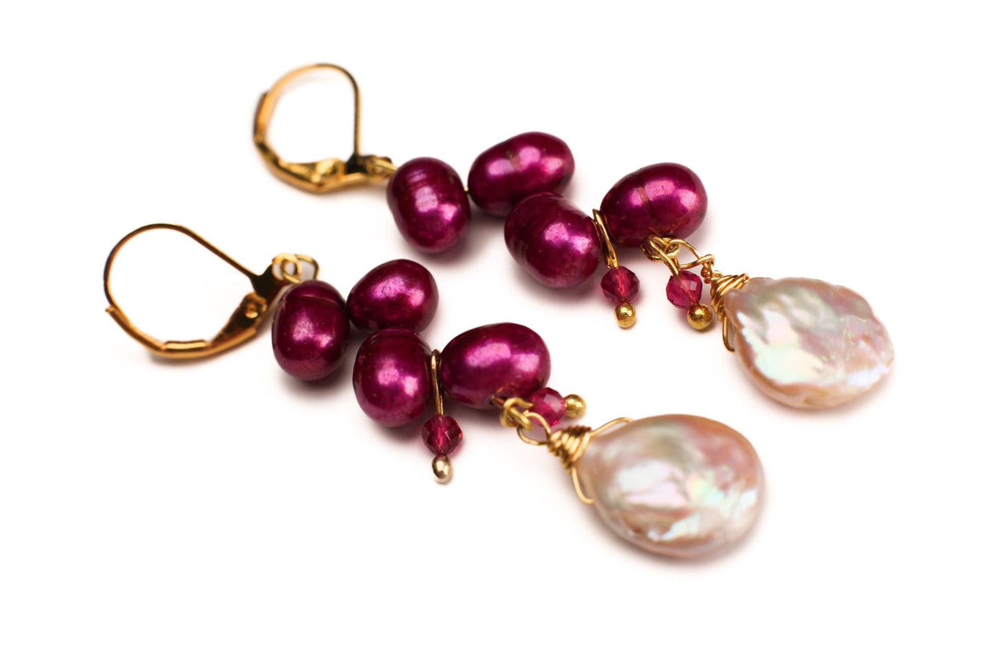 Freshwater Pearl Cascade Dangling Wire Wrap Handmade Gold Earrings, Peach Pink 12mm Coin Pearl ,Raspberry Red Pearl, Red Spinel Spacer