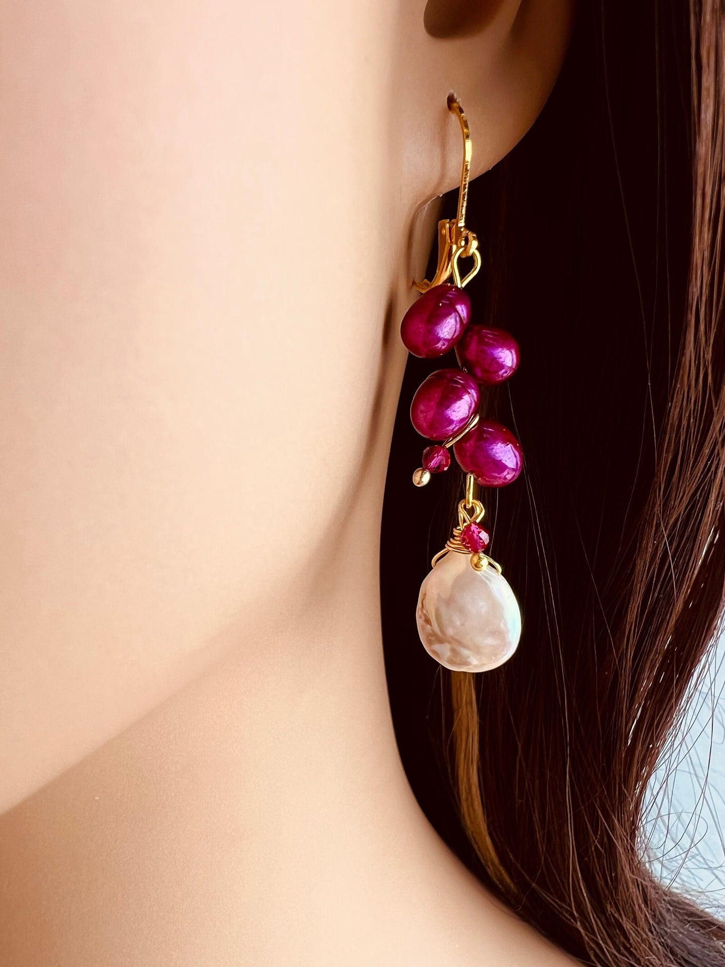 Freshwater Pearl Cascade Dangling Wire Wrap Handmade Gold Earrings, Peach Pink 12mm Coin Pearl ,Raspberry Red Pearl, Red Spinel Spacer