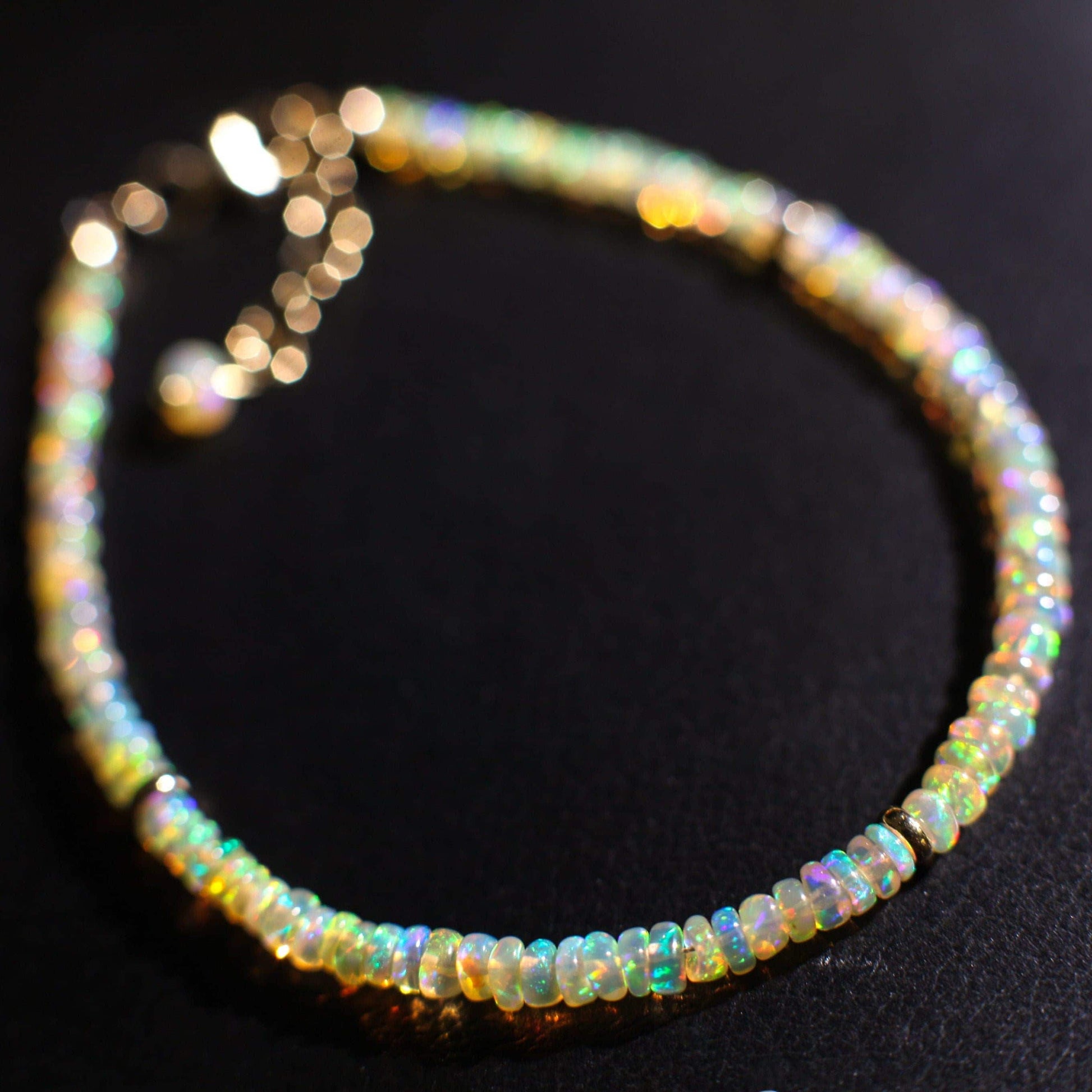 Genuine Ethiopian Fire Opal 3-3.75mm Smooth Graduated Roundel Bracelet, AAA Quality Fiery Opal Bracelet in 14K Gold Filled Chain with 1&quot; Ext