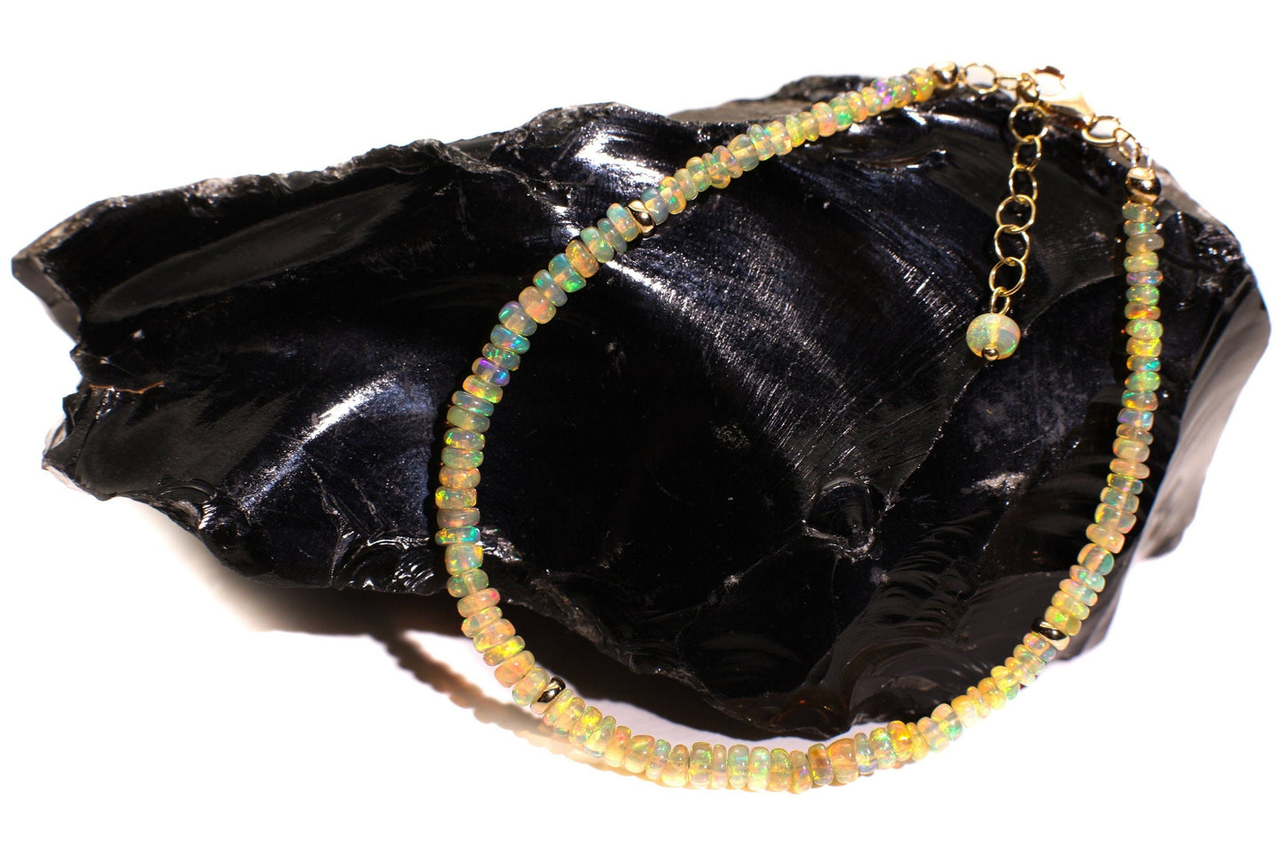Genuine Ethiopian Fire Opal 3-3.75mm Smooth Graduated Roundel Bracelet, AAA Quality Fiery Opal Bracelet in 14K Gold Filled Chain with 1" Ext