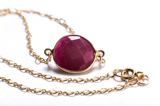 Ruby Gold Bezel Necklace, Natural Faceted Ruby Gold Bezel Charm in 14K Gold Filled Figure 8 Chain, Minimalist, Boho 16&quot; Handmade Necklace