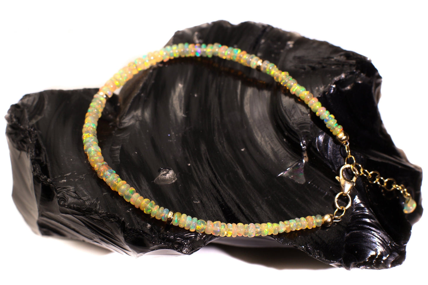 Genuine Ethiopian Fire Opal 3-3.75mm Smooth Graduated Roundel Bracelet, AAA Quality Fiery Opal Bracelet in 14K Gold Filled Chain with 1" Ext