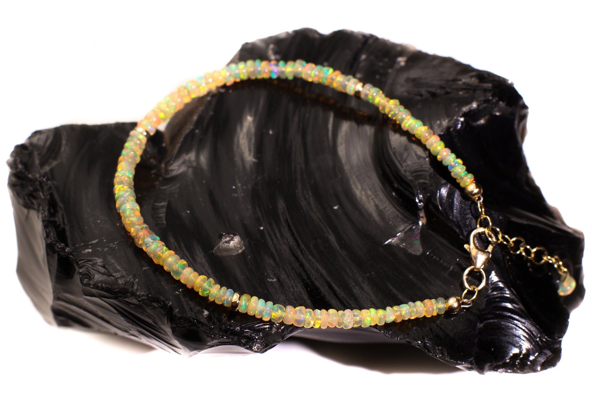 Genuine Ethiopian Fire Opal 3-3.75mm Smooth Graduated Roundel Bracelet, AAA Quality Fiery Opal Bracelet in 14K Gold Filled Chain with 1" Ext