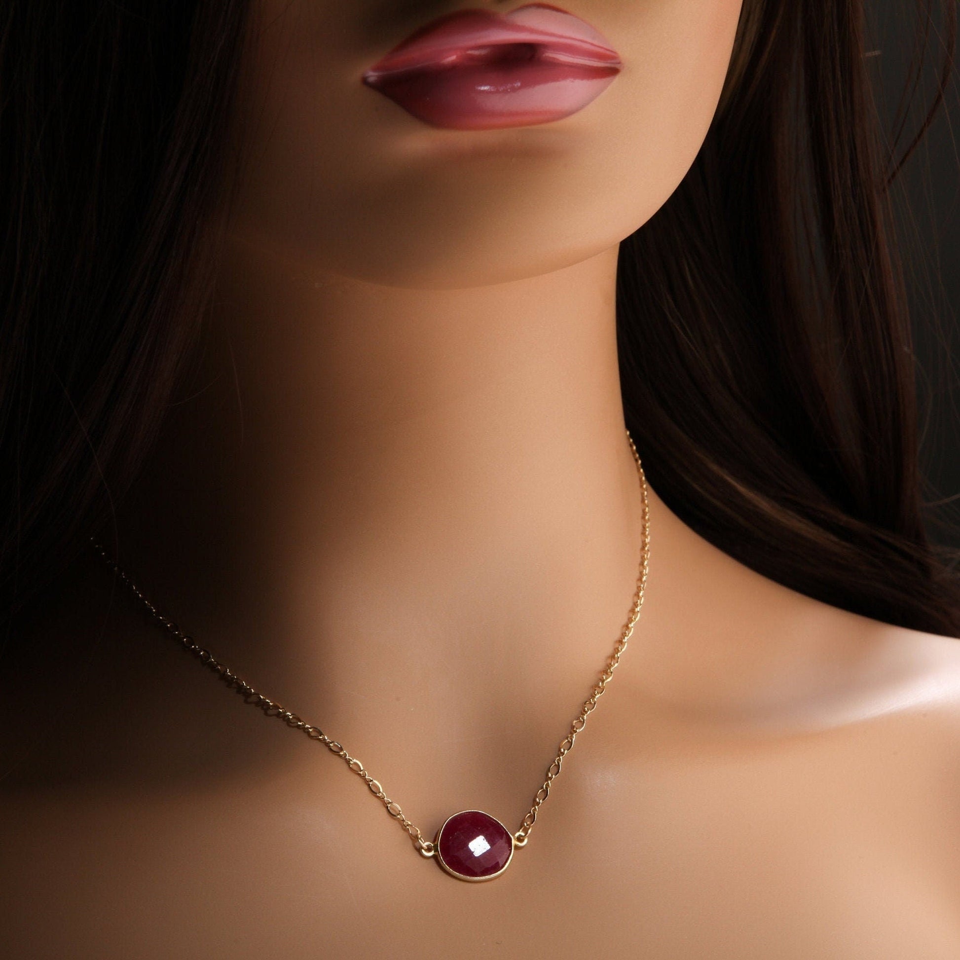 Ruby Gold Bezel Necklace, Natural Faceted Ruby Gold Bezel Charm in 14K Gold Filled Figure 8 Chain, Minimalist, Boho 16&quot; Handmade Necklace