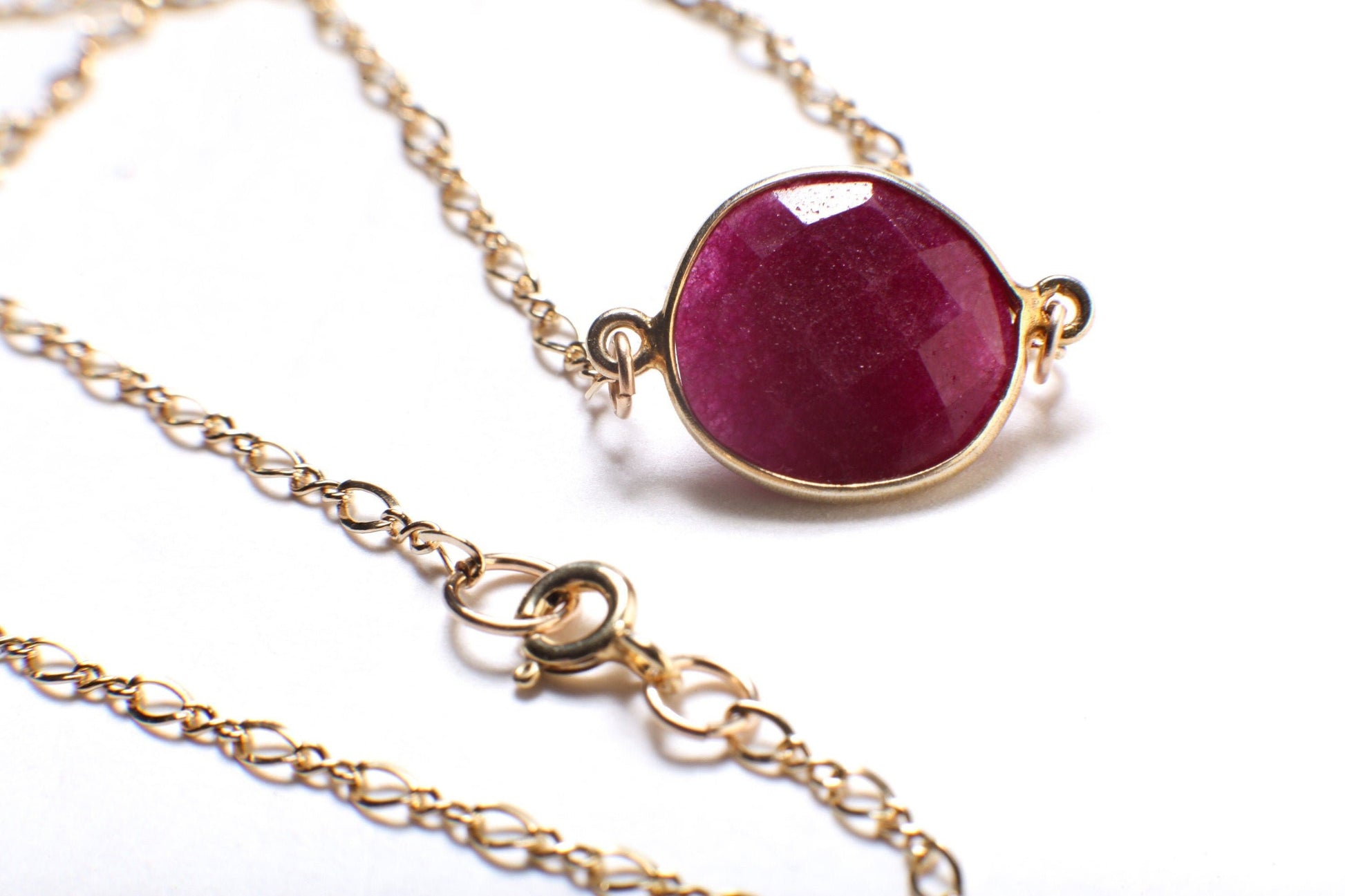 Ruby Gold Bezel Necklace, Natural Faceted Ruby Gold Bezel Charm in 14K Gold Filled Figure 8 Chain, Minimalist, Boho 16&quot; Handmade Necklace