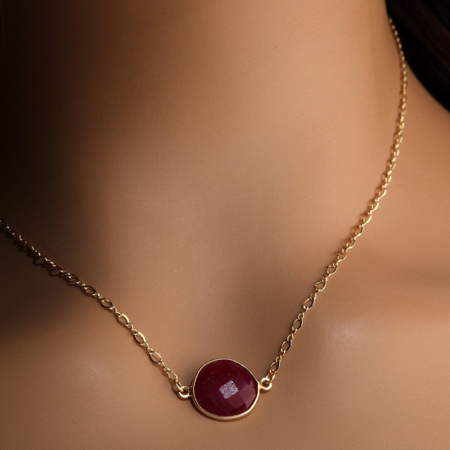 Ruby Gold Bezel Necklace, Natural Faceted Ruby Gold Bezel Charm in 14K Gold Filled Figure 8 Chain, Minimalist, Boho 16&quot; Handmade Necklace