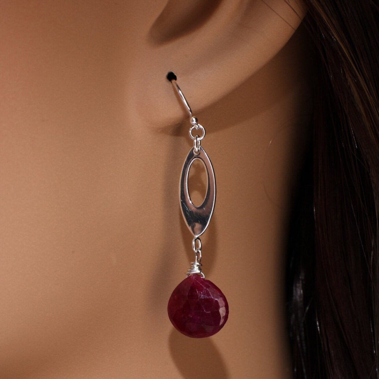 Natural Ruby Heart Briolette Earrings, Genuine Ruby Dangle Faceted Teardrop in 925 Sterling Silver Earwire or Leverback Earrings, Boho,Gift