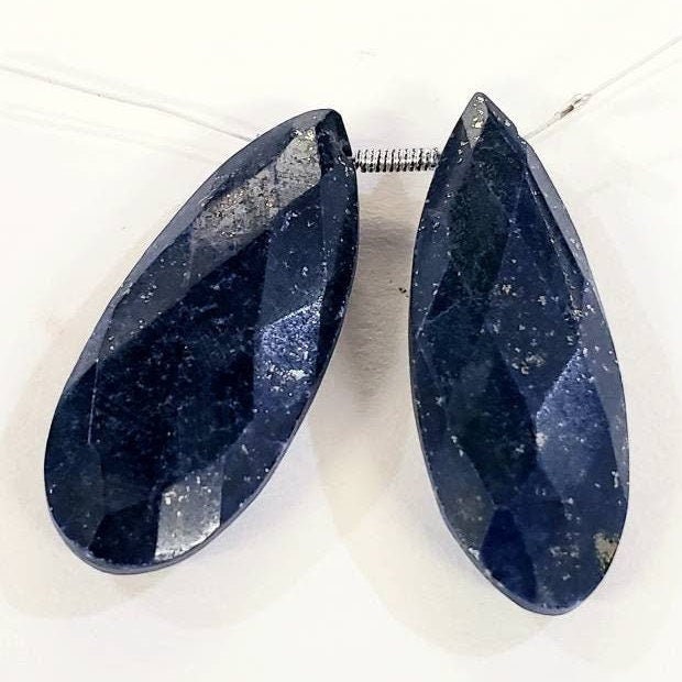 Lapis Lazuli long faceted flat pear drop, Natural blue lapis 25mm drop for earrings or pendant making healing gems, 2 pieces, 1 pair