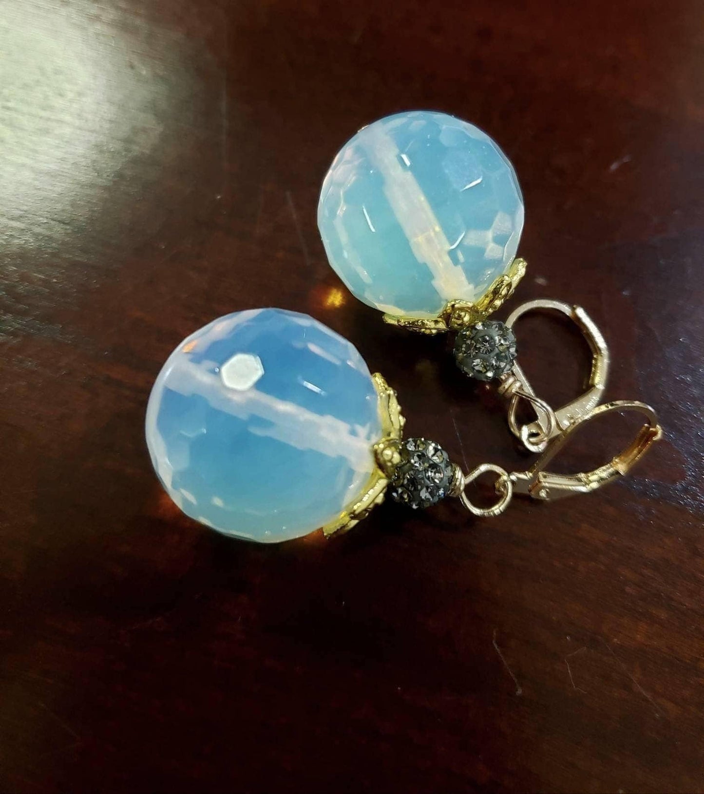 Huge Opalite Faceted Round 20mm large Bali Style Cap and Rhinestone Disco Ball glowing bead opalite Gold Leverback Earrings