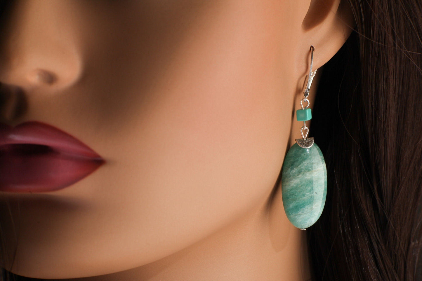 Natural Amazonite Earrings, Long Oval Earrings with Accents Turquoise Cube , silver Leverback