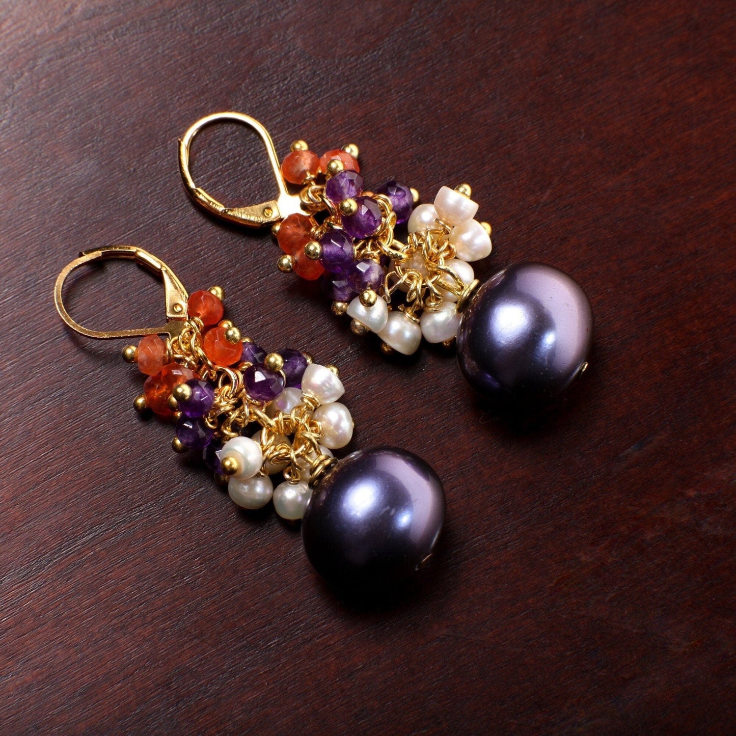 Multi Gemstones Clusters Earrings, Carnelian, Amethyst, Freshwater Pearl, Purple South Seashell Pearl Gemstone Leverback Earrings