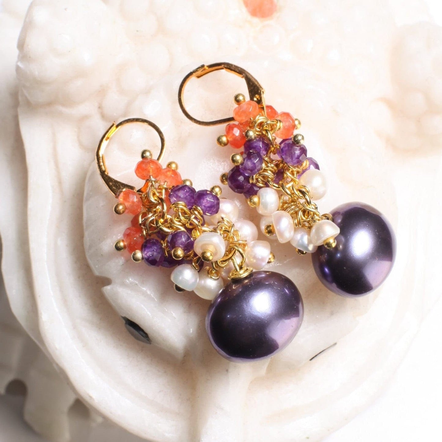 Multi Gemstones Clusters Earrings, Carnelian, Amethyst, Freshwater Pearl, Purple South Seashell Pearl Gemstone Leverback Earrings