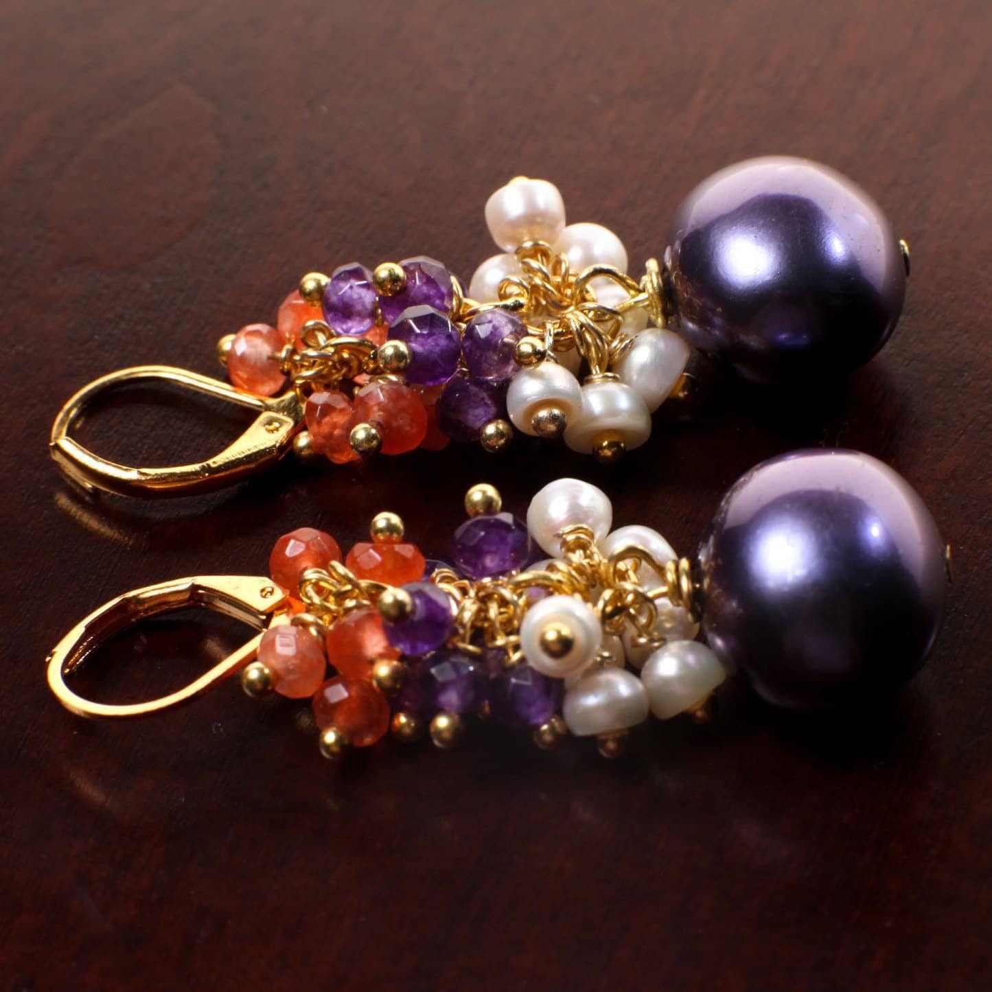 Multi Gemstones Clusters Earrings, Carnelian, Amethyst, Freshwater Pearl, Purple South Seashell Pearl Gemstone Leverback Earrings