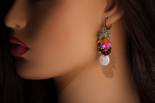 Multi Gemstones Freshwater Coin Pearl Dangle Lucky7 Clusters Apatite,Chalcedony, Aventurine, carnelian,MOP, Garnet rainbow earrings,gift