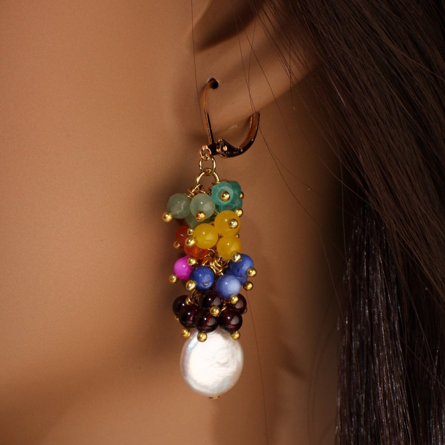 Multi Gemstones Freshwater Coin Pearl Dangle Lucky7 Clusters Apatite,Chalcedony, Aventurine, carnelian,MOP, Garnet rainbow earrings,gift