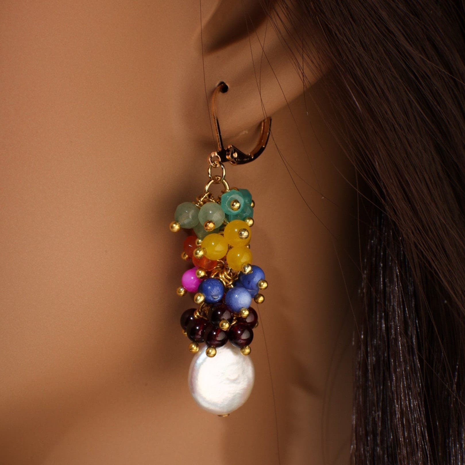 Multi Gemstones Freshwater Coin Pearl Dangle Lucky7 Clusters Apatite,Chalcedony, Aventurine, carnelian,MOP, Garnet rainbow earrings,gift