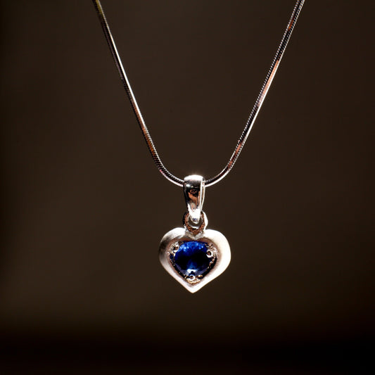 Blue Sapphire with Cubic Zirconia CZ Diamond 10mm Heart Pendant Matte with 925 Sterling Silver Italian chain Necklace in 16,18"