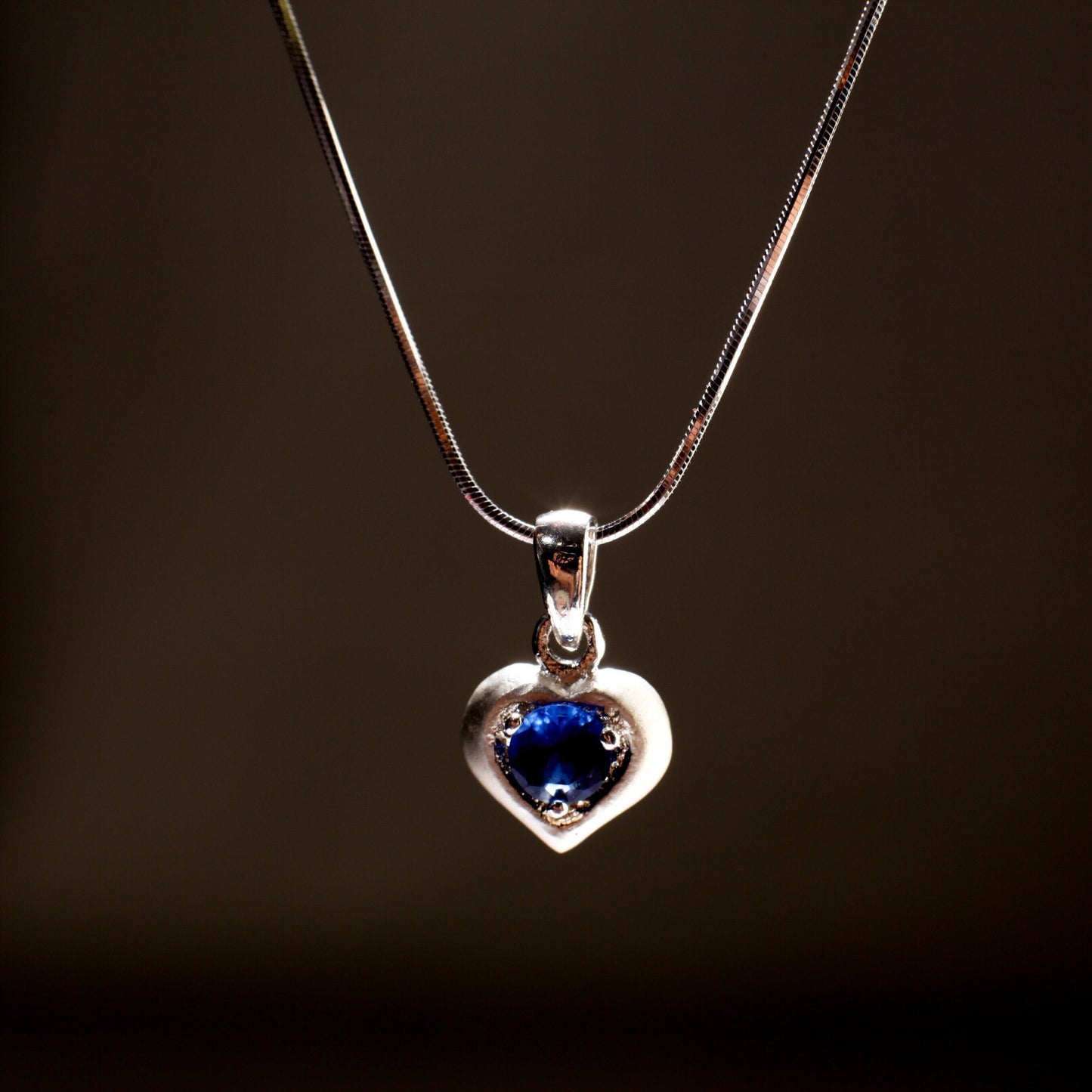 Blue Sapphire with Cubic Zirconia CZ Diamond 10mm Heart Pendant Matte with 925 Sterling Silver Italian chain Necklace in 16,18&quot;