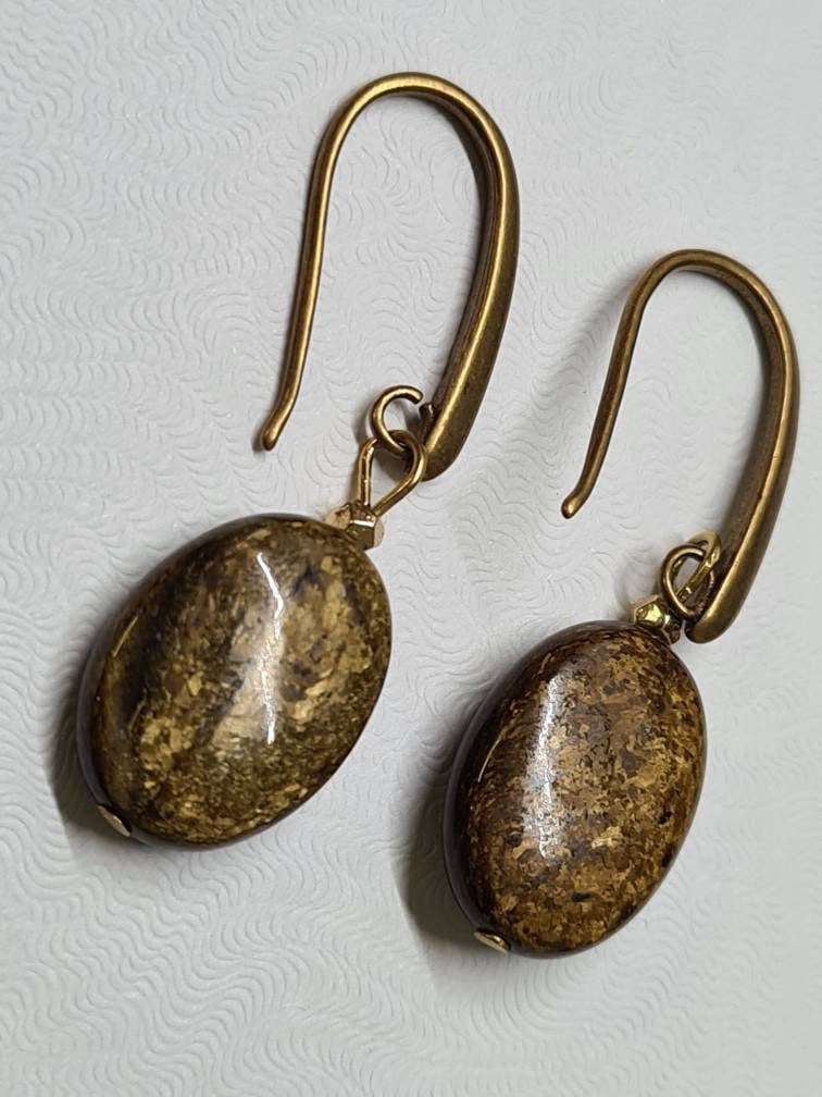Natural Bronzite Oval 12x16mm Antique Bronze earring. Vintage style gift