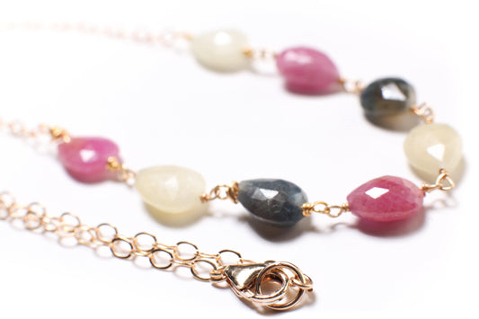 Multi Sapphire Necklace Wire Wrapped Faceted Pear Drop 7x9-10mm in 14K Gold Filled Necklace, beautiful elegant precious Gift .
