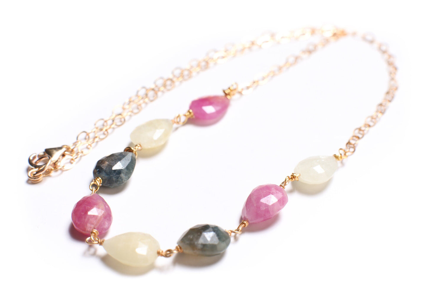 Multi Sapphire Necklace Wire Wrapped Faceted Pear Drop 7x9-10mm in 14K Gold Filled Necklace, beautiful elegant precious Gift .