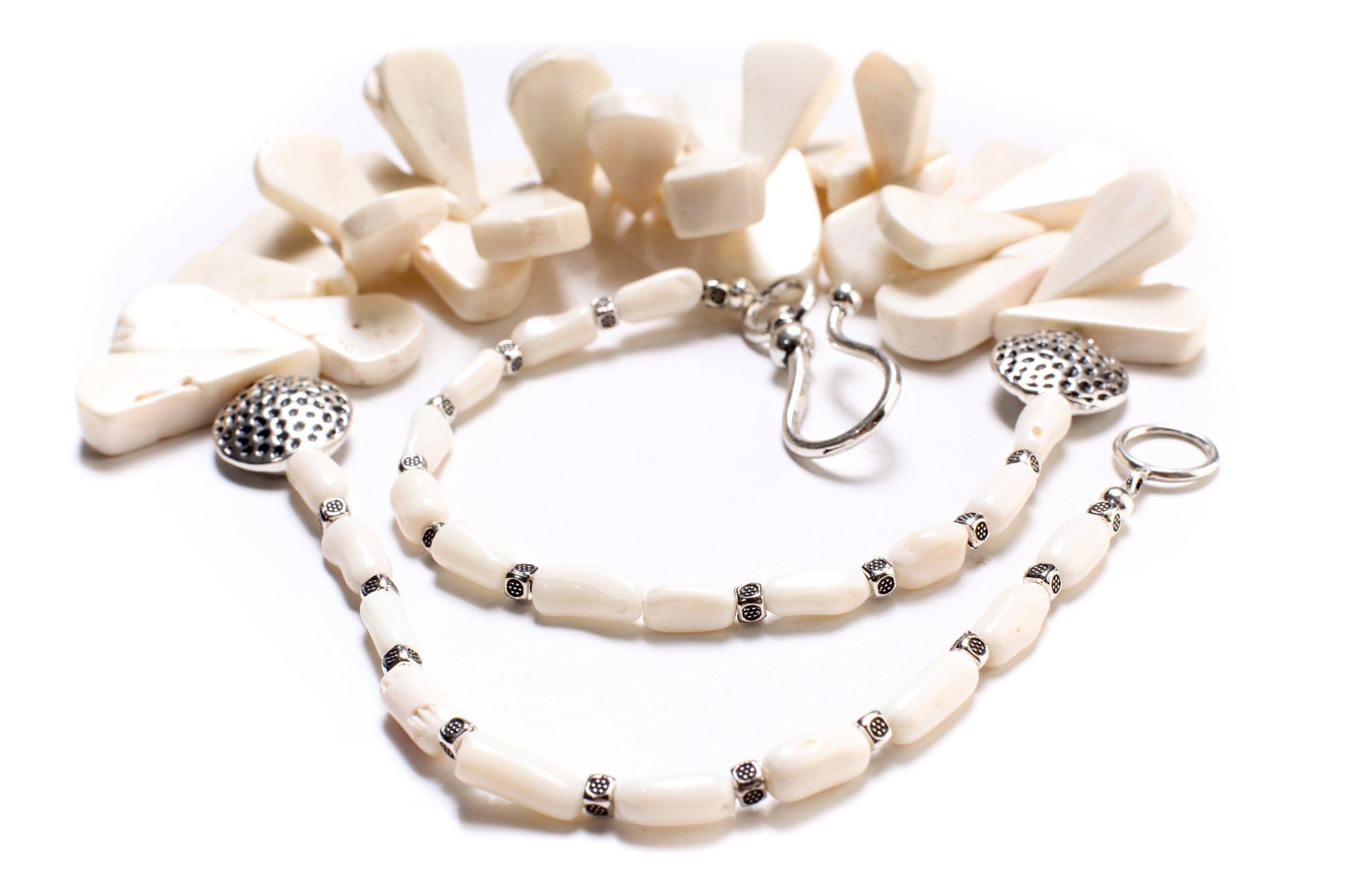 Genuine Bamboo Coral White Coral Long Teardrop 12x26-14x34mm, Accent Bali Style Beads, 5x11mm Coral Branches, Pear Drop Choker 21" Necklace