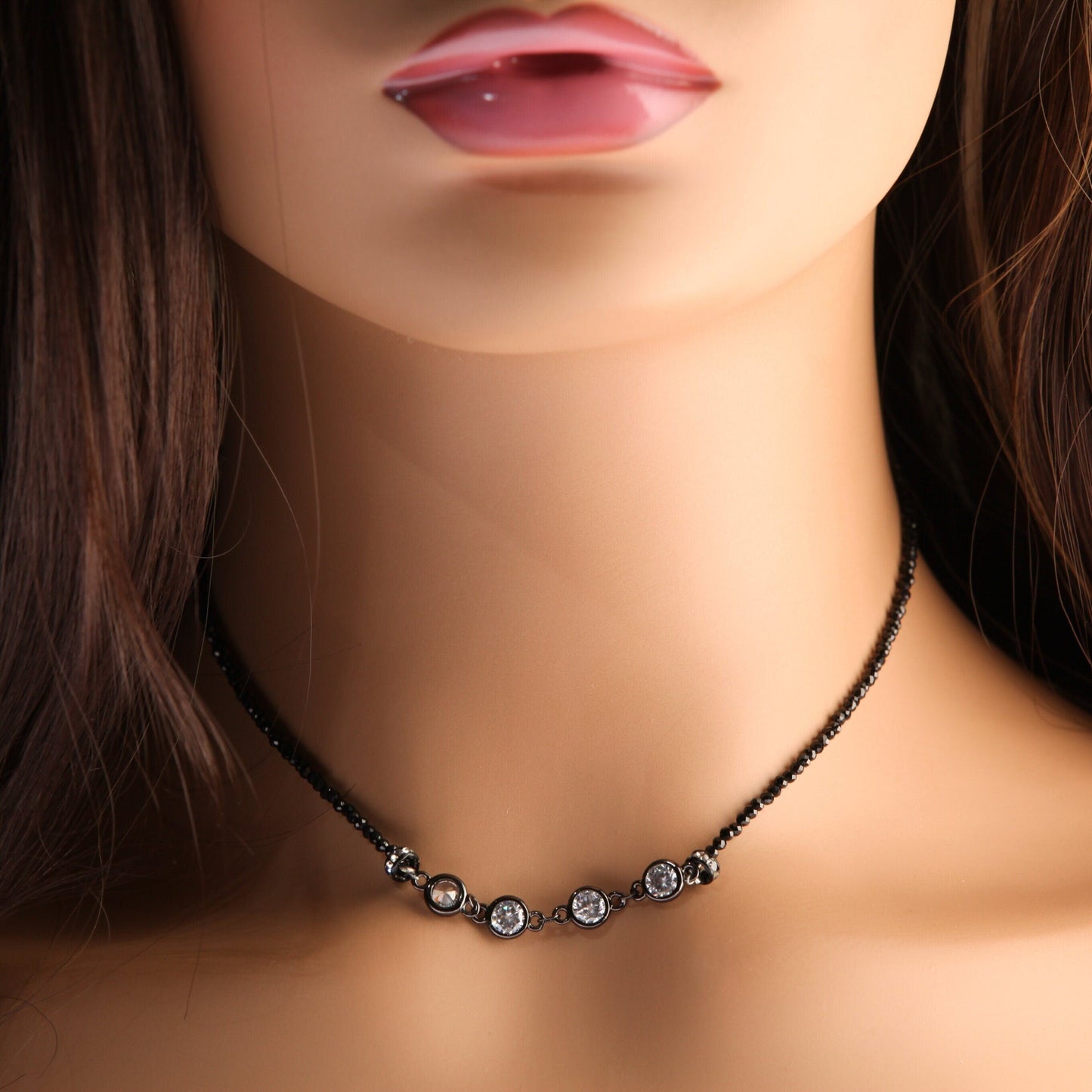 Black Spinel Diamond Cut Choker Necklace with 6.5mm Cubic Zirconia Disk and Rhinestone Spacers Necklace,