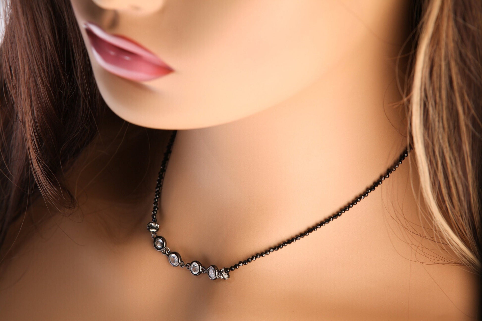 Black Spinel Diamond Cut Choker Necklace with 6.5mm Cubic Zirconia Disk and Rhinestone Spacers Necklace,