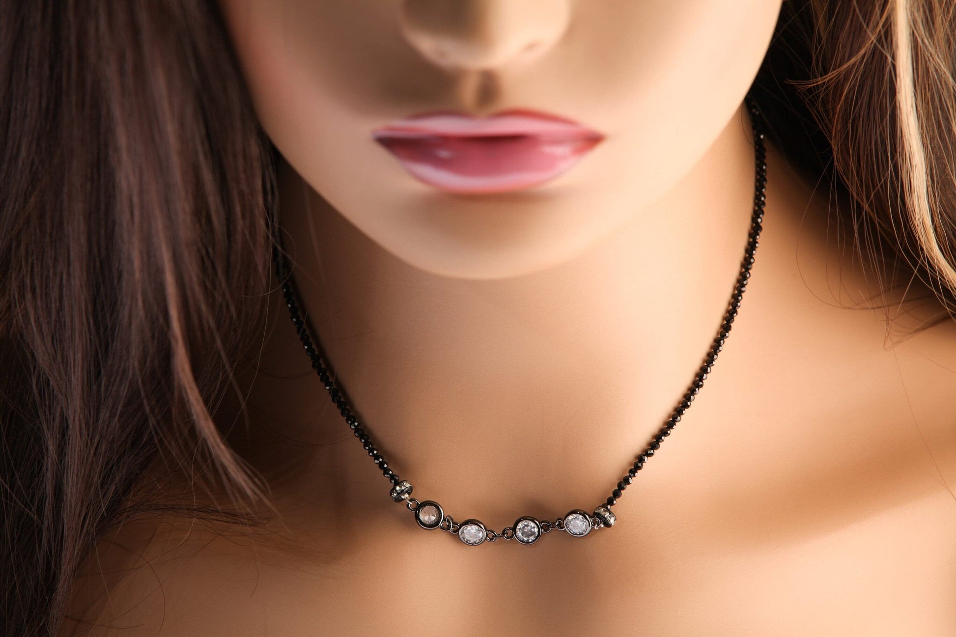 Black Spinel Diamond Cut Choker Necklace with 6.5mm Cubic Zirconia Disk and Rhinestone Spacers Necklace,