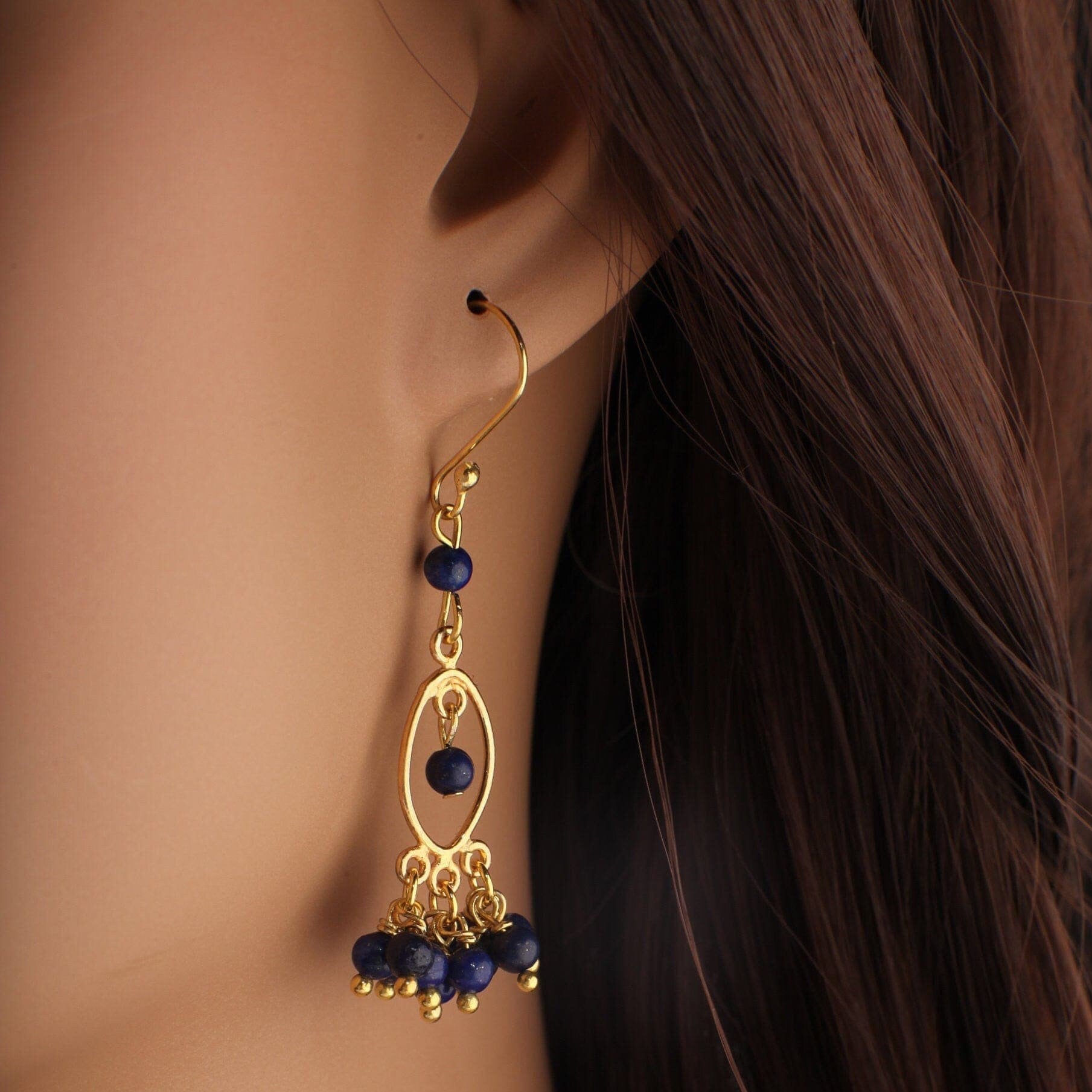 Genuine Lapis Lazuli Wire Wrapped Dangling Gold Vermeil,Gold Over 925 Sterling Silver Chandelier & Ear Wire, Blue Gemstone earrings