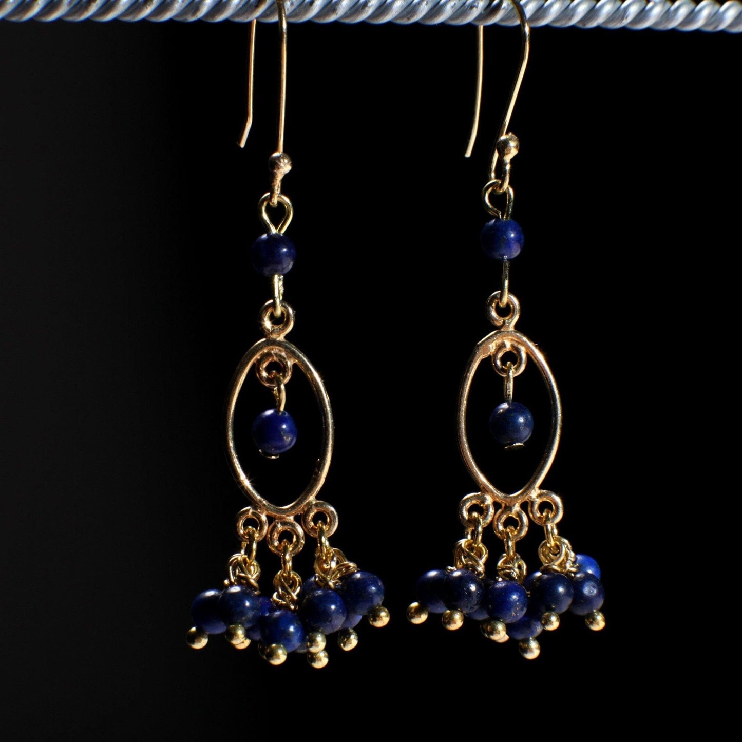 Genuine Lapis Lazuli Wire Wrapped Dangling Gold Vermeil,Gold Over 925 Sterling Silver Chandelier & Ear Wire, Blue Gemstone earrings