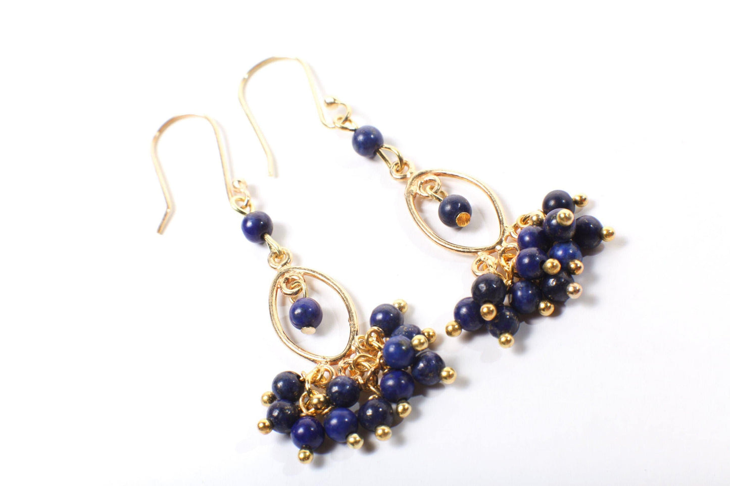 Genuine Lapis Lazuli Wire Wrapped Dangling Gold Vermeil,Gold Over 925 Sterling Silver Chandelier & Ear Wire, Blue Gemstone earrings