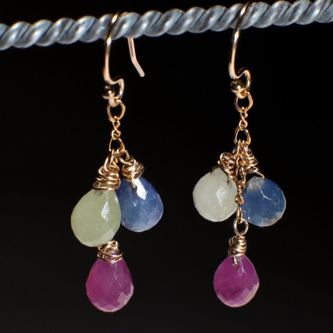 Sapphire Earrings, Genuine Multi Sapphire Briolette Wire Wrapped Teardrop in 14K Gold Filled Earwire