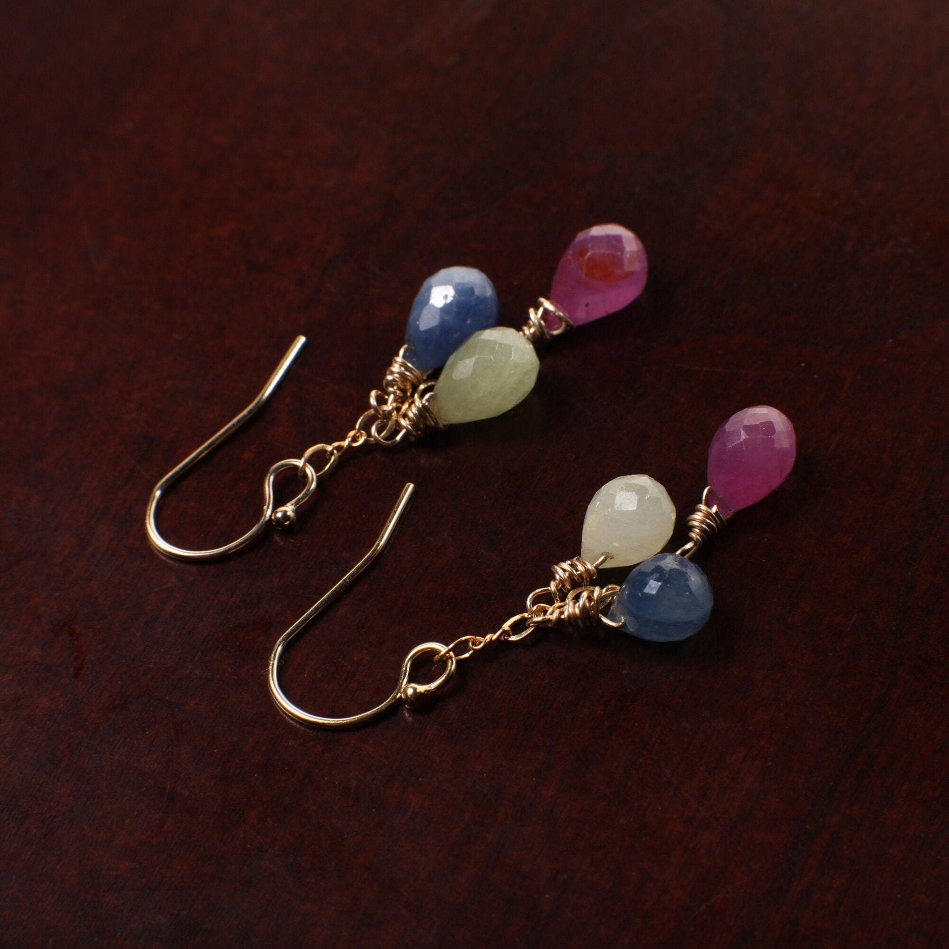 Sapphire Earrings, Genuine Multi Sapphire Briolette Wire Wrapped Teardrop in 14K Gold Filled Earwire