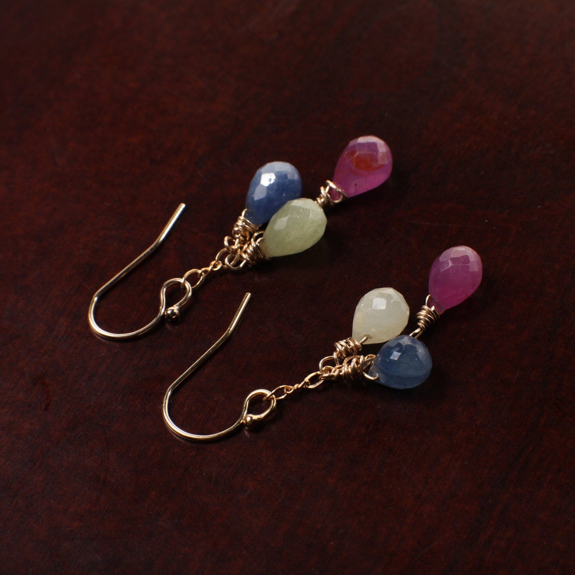 Sapphire Earrings, Genuine Multi Sapphire Briolette Wire Wrapped Teardrop in 14K Gold Filled Earwire